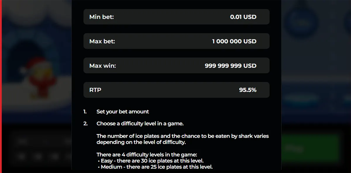 Screenshot of a game information window showing min bet 0.01 USD, max bet 1,000,000 USD, max win 999,999,999 USD, and RTP 95.5%, followed by step-by-step instructions to set your bet and choose a difficulty level with notes about ice plates and risk.